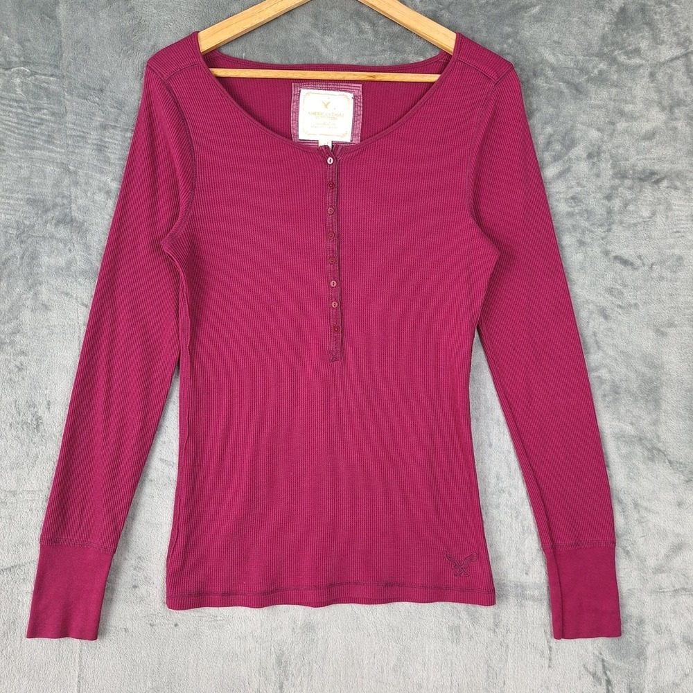 Vtg American Eagle Top Large Ribbed Waffle Knit Henley Preppy 90s Y2K Bella Swan